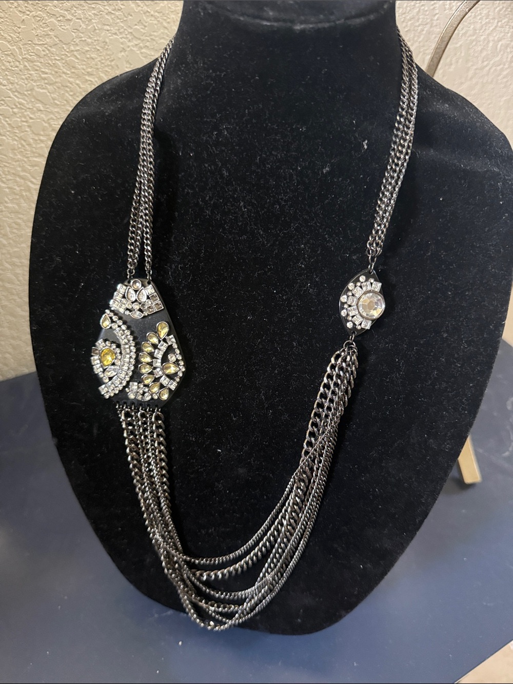 Statement Black and Silver Multi-Chain Necklace with Clear and Yellow Crystals
